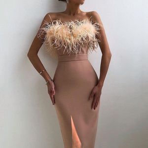 2023 Zomer dames Suspender Feather Dress Banquet Slim Temperament Show ARM -jurk