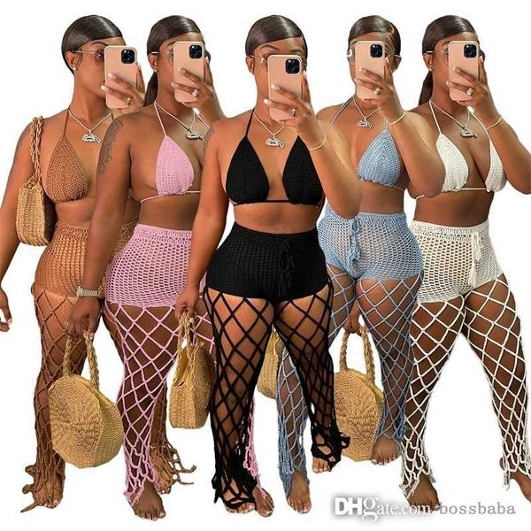 2023 été femmes évider Perspective deux pièces ensemble plage Style filet de pêche crochet Sexy costume mode vêtements