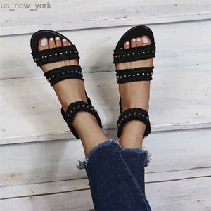 2023 Zomer Vrouwen Romeinse Omzoomd Sandalen Dames Strand Schoenen Open teen Platte Zoete Mooie Stijl Strass Trim Rits Ontwerp L230518