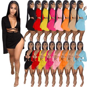 2023 Summer Womens Traksuits Conjuntos de falda de dos piezas Traje de baño Ropa de playa Manga larga Slit Color sólido Sexy Crop Top Lace Up Dress Bikini Set