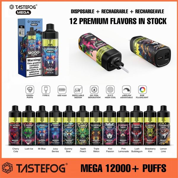 2023 Tastefog Mega 12000+ bouffées de vape jetable 12k bouffée 2% bobine de maille rechargeable e-cigarette jetable 12 saveurs en stock