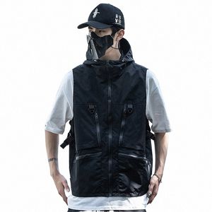 2023 Techwear Hip Hop Cargo Vest Multi-Zakken Tactische Capuchon Vest Voor Mannen Outdoor Casual Sleevel Jas k970 #