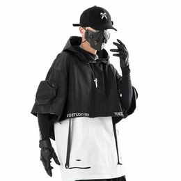 2023 Techwear Style Hip Hop Veste courte Pull Hommes Punk Moto Cape à capuche multi-poches Jaqueta o10s #