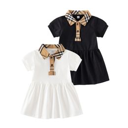 2023 Toddlers Baby Girl Dress Summer Childrens Korte mouw Katoen shirt rok klassieke geruite revers geïmporteerd op maat gemaakte stoffen kleding