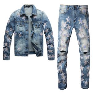 2023 Trainingspakken Lichtblauw Gescheurde gaten Sets voor heren Lente Herfst Star Patch Denim jack met lange mouwen en skinny jeans met stretch, tweedelige set