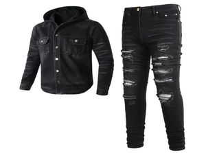 2023 survêtements Punk Street Men039s Black 2PCS Jeans Ensembles de jean à capuche printanière et pantalon étiré de patch déchiré Vintage Men1788841