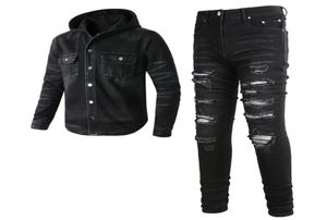2023 survêtements Punk Street Men039s Black 2PCS Jeans Ensembles de jean à capuche printan