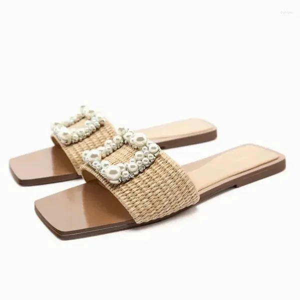 TRAF – sandales d'été plates avec perles pour femmes, pantoufles à bout carré, tongs tissées décontractées, élégantes pour l'extérieur, 2023, 4256