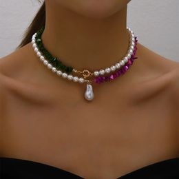 2023 Trend Elegante sieraden Wedding Big Pearl ketting voor vrouwen Fashion Imitatie Green Rose Color Stone Choker 240403