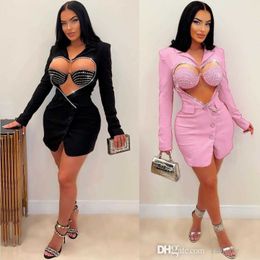 2023 Trend Feestjurk Diamanten Hete Strass Uitsparing Liefje Bodycon Blazerstijl Minirok Tweedelige set met BH-top Sexy Jurken Grote maten S-3XL