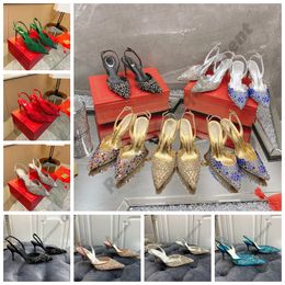 2023 Vega Crystal Multi -gekleurde Sling Back Sandaal Sleek Getelbare sandalen Stiletto Hoge Heel Rene Caovilla Gold Rijn Regtertone Kleedschoenen Silver Sols Women Pumps