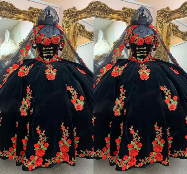 2023 Velours Floral Applique Charro Quinceanera Robes Avec Cap Sur L'épaule Détachable Châle Robe De Bal Parti Mexicain Sweet 15 Filles Robe
