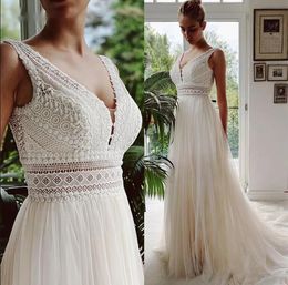 2023 vestido de novia Boho Trouwjurken Sexy V-hals Strand Kant Bruids Bruidsjurken Elegante Bohemian Tule Een Lijn Bruidsjurk