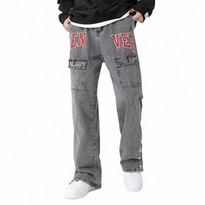2023 Vibe Style Lettre Broderie Vintage Gris Baggy Hommes Jeans Pantalons Y2K Vêtements Droit Hip Hop Lâche Denim Pantalon Vaqueros R5Va #