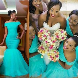 2023 Vintage Afrikaanse Zeemeermin Lange Bruidsmeisjekleding Uit Moet Turquoise Mint Tule Kant Applicaties Plus Size Bruidsmeisje Bruidsfeestjurken