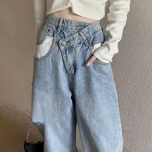 2023 Vintage Asymmetrische Taille Gat Rechte Jeans Dames Losse Denim Broek Casual Wijde Pijpen Broek Streetwear Mom