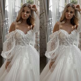 2023 Vintage Bobemian A Line Wedding Jurken Off Shoulder Appliques Lace Flowers Tule lange mouwen sexy pure bovenste bruidsjurken korset terug