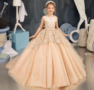 2023 Vintage Champagne Flower Girls 'Robes Baby Baby Enfant Toddler Baptême Vêtements de lacerie Robes de fête d'anniversaire Robe de fête sur mesure E0308