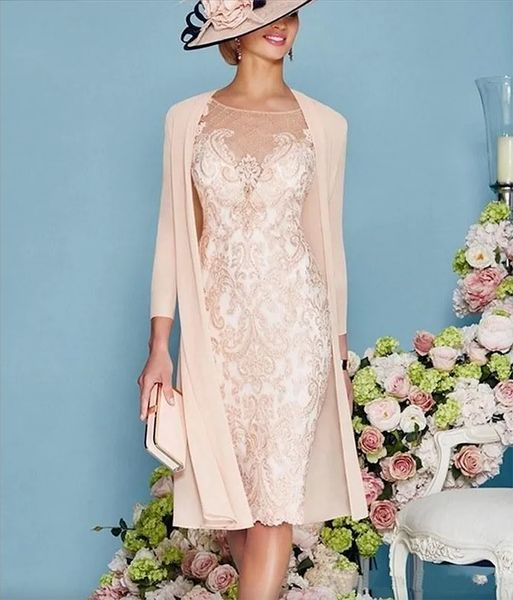 2023 Vestidos de encaje vintage para madre de la novia Tallas grandes Formal Manga 3/4 Hasta la rodilla Cuello transparente Apliques Vestidos para madre y novio