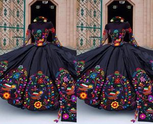 2023 Vintage Manches Longues Quinceanera Robes Style Mexicain Charro Hors Épaule Fleurs Brodées Satin Laceup Robe De Bal Bal S9506155