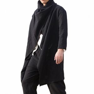 2023 Vintage Mannen Trenchcoats Cott Pchos Sjaal Kraag Lg Mouw Mantel Onregelmatige Jassen Effen Kleur Streetwear Windjack Y60X #