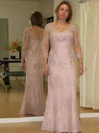 2023 Vintage mère de la mariée robes rose bijou cou gaine manches longues dentelle appliques perles étage longueur fête mariage invité robe mère robe