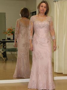 2023 Vintage moeder van de bruid jurken roze juweelhals schede lange mouwen kanten appliques kralen lengte feestje bruiloft gast jurk moeder jurk