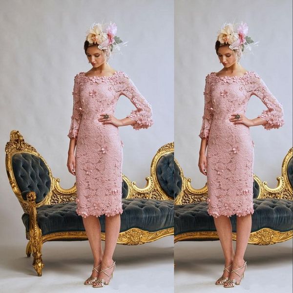 2023 Vintage Pink Madre de vestidos de novia Ilusión Encaje completo con flores hechas a mano Longitud corta hasta la rodilla Tallas grandes Fiesta Boda Vestidos de invitados Mangas largas
