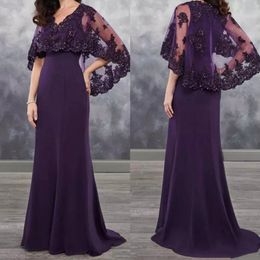 2023 Vintage violet A-ligne mère de la robe de mariée avec Cape châle Wrap paillettes scintillantes dentelle mariage marié robes de soirée grande taille Robe De soirée