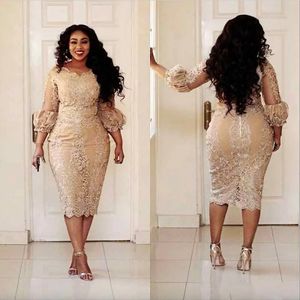 2023 Vintage Sexy Champagne Plus Size Sheath Cocktail Jurken Lace Appliques 3/4 Mouwen Zipper Back Tea Lengte Prom Mother Jurk mooie vrouw feestjurken