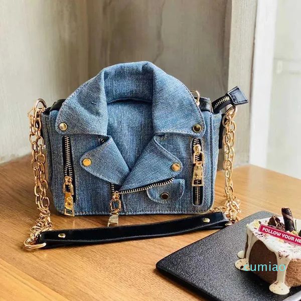 2023-Vintage Denim brossé lavé moto petite veste modélisation chaîne épaule large sangle sac à bandoulière femme sac à main