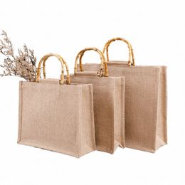 2023 Vintage imperméable toile de jute sac fourre-tout bambou jute sacs décontracté grande capacité beige portable plage voyage sac à main sac de magasin D8GF #