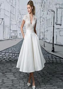 2023 Vcou Robe De mariée courte Robe De Mariage Appliques dentelle longueur thé Illusion Robe De mariée Robe De Novia7484812