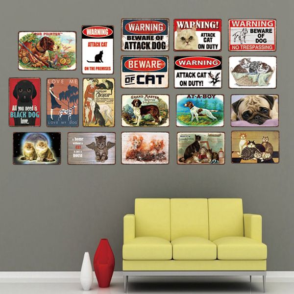 2023 avertissement méfiez-vous attaque chat chien de garde en service animal de compagnie plaque de métal mur Pub Restaurant maison Art décor fer affiche Cuadros Garage décorations meilleure qualité