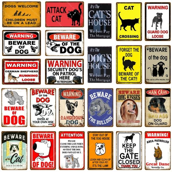 2023 advertencia peligro Metal pintura signos cuidado con el perro gato cartel Vintage pared placa Pub Bar casa hombre cueva decoración pared hogar