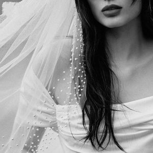 Voile de mariée en Tulle doux avec perles, accessoires de mariage, une couche, bord coupé, Long et court, voile de mariée avec peigne, 2023