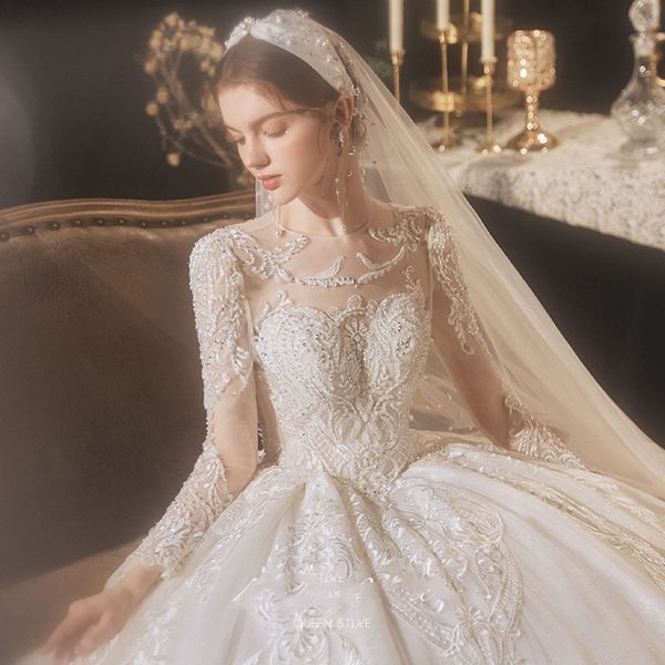 2023 Robe de mariée Robes de mariée pure manches longues col en V embelli dentelle brodée princesse romantique Blush une ligne Beach271d