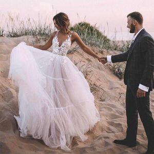 2023 Trouwjurken Lace Applique Top Bridal Jurken Backless Sheer Bees Strand Strand Grom Wedding Jurk vloer Lengte gewaden de Soiree MARIEE