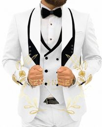 2023 Blanc classique hommes costume 3 pièces smoking châle revers garçons d'honneur costumes de mariage ensemble fi hommes busin blazer veste pantalon gilet 94sH #