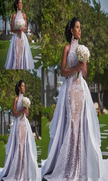 2023 Vestidos de novia de sirena africana de encaje blanco con tren desmontable Falda hinchada de cuello alto modesta Sima Brew Country Garden Royal 7696929