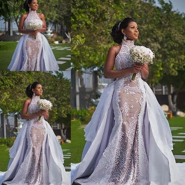 2023 robes de mariée sirène africaine en dentelle blanche avec train détachable modeste jupe bouffante à col haut Sima Brew Country Garden Royal 247a