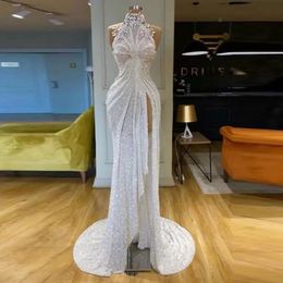2023 blanc saoudien arabe paillettes robes de bal col haut perlé fendu Sexy robes de soirée balayage Train appliqué robe formelle