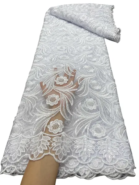 2023 Vestido de novia blanco Tela de encaje con lentejuelas Artesanía de costura Ropa de fiesta de banquete para mujeres africanas 5 yardas Vestidos de cena de noche nigerianos de alta calidad YQ-3072