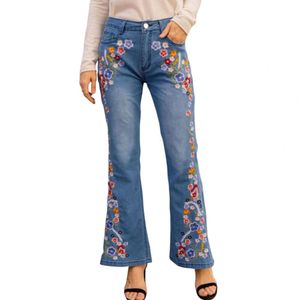 2023 jambe large femmes jean lavé fleur brodé jean mince taille haute Vintage Streetwear jean à fond cloche