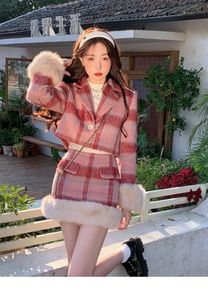 2023 Winter Kerst Gebreide Pakken Voor Vrouwen Kleding Koreaanse Mode Plaid Blazers Jassen Mini Rokken 2 Delige Set Vintage roze 240301