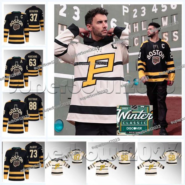 Maillots de hockey des Penguins Bruins de la Classique d'hiver 2023 Sidney Crosby Patrice Bergeron Pittsburgh 88 David Pastrnak 74 Jake Guentzel Evgeni Malki