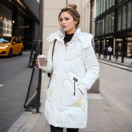Manteau d'hiver en duvet de coton pour femme, brillant, sans lavage du visage, nouvelle veste coréenne ample rembourrée, grande taille, parka longue à capuche, 2023