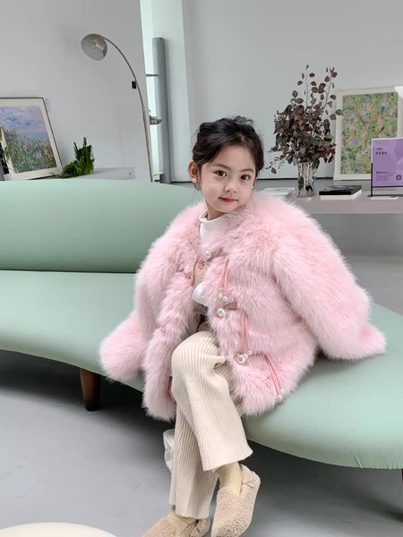 2023 Hiver Mode Fausse Fourrure Manteau Filles Corée Perle Chaud Plumes Manteaux Cardigan Enfants Fête Tenues Élégantes XMP573 231221