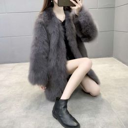 Haining – manteau mi-long en cuir et fourrure intégré pour femme, Style occidental, Imitation renard, col en v, amincissant, collection hiver 2023, 637551