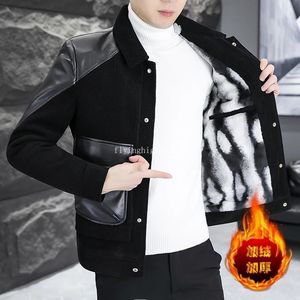 2023 Winter Koreaanse Mode Pu Splice Wol Blends Jas Mannen Pluche En Dikker Casual Business Trenchcoat Streetwear Overjas